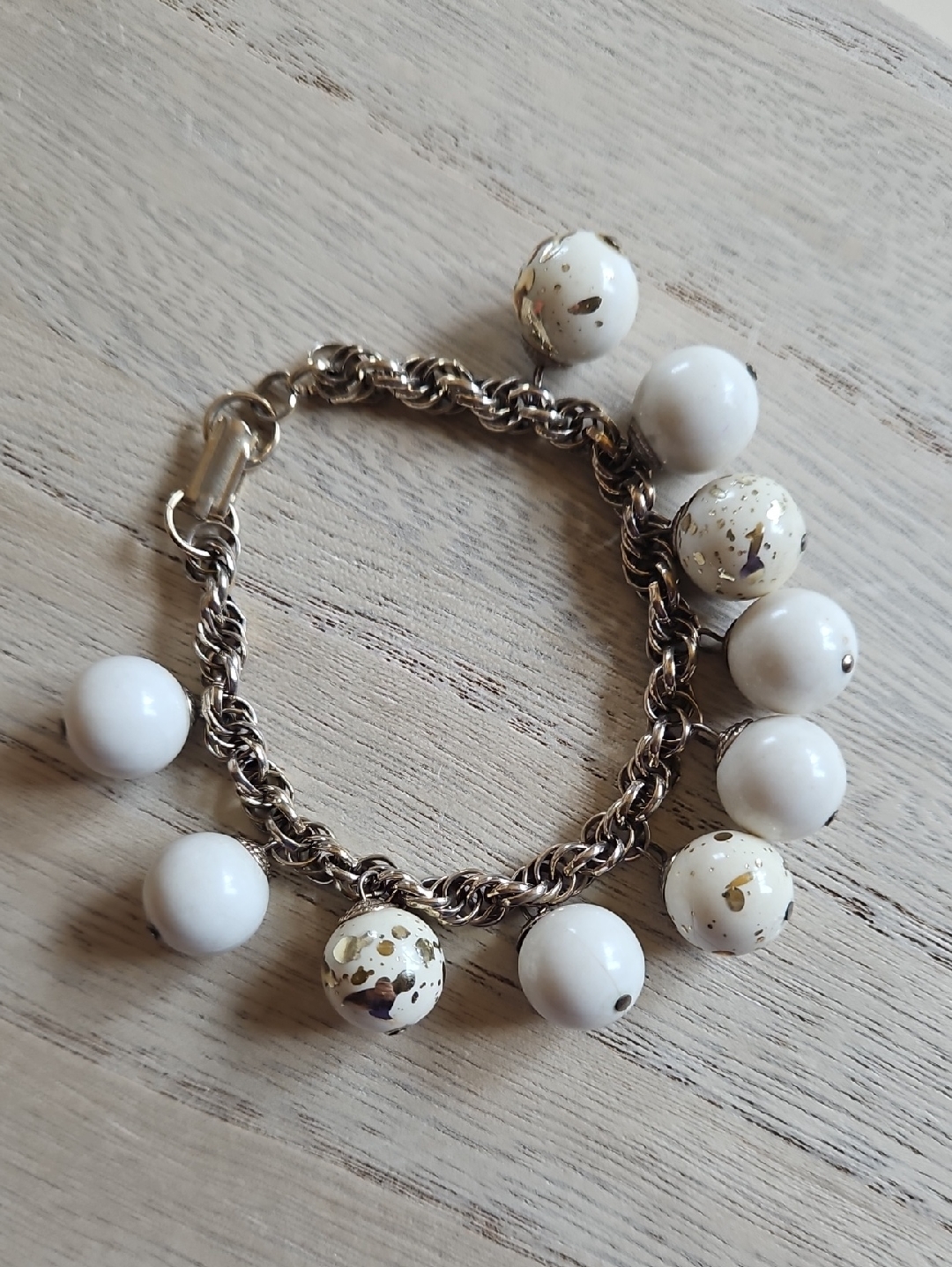 Vintage White Bead Charm Bracelet With Gold Fleck Accents Gold Tone Thick Links